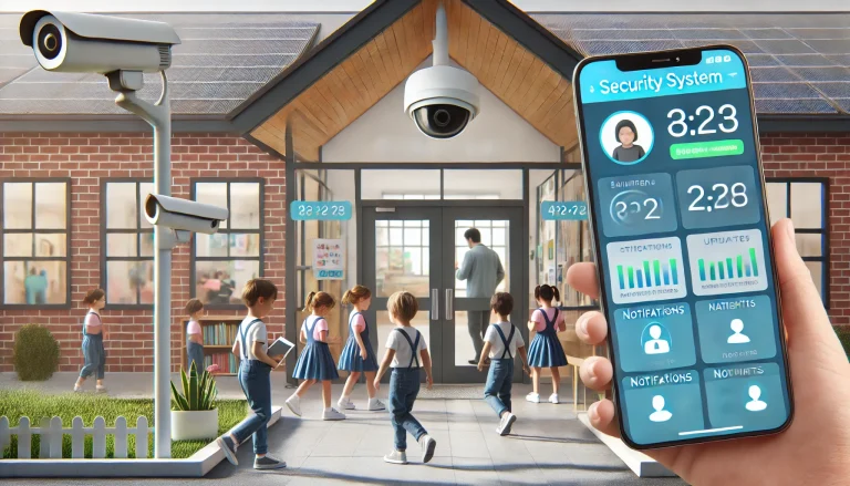 Okul bahçesinde çocuklar ve güvenlik kameraları, telefon ekranında güvenlik sistemi