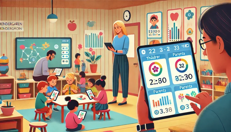 Öğretmenler ve çocuklar dijital tabletlerle dolu bir anaokulu sınıfında