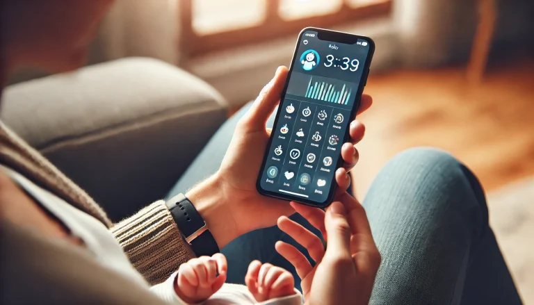 Bir kişi bebek tutarken telefonunda bebek takip uygulamasını kullanıyor
