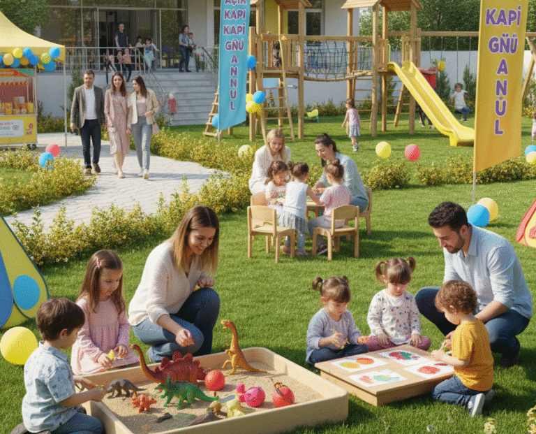 Çocuklar ve yetişkinler açık havada bir anaokulu bahçesinde oyun oynuyor