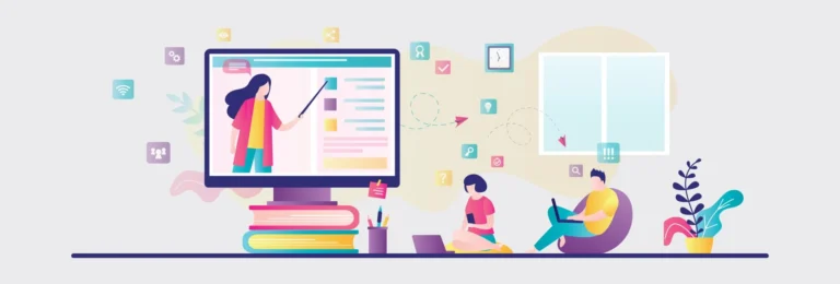 Öğrenciler online ders izlerken bir öğretmen bilgisayar ekranında ders anlatıyor