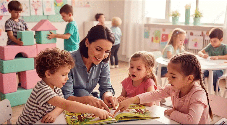 Öğretmen ve çocuklar anaokulunda kitap okuyor, diğer çocuklar oynuyor