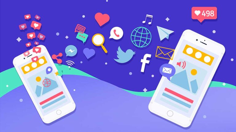 İki akıllı telefon ve sosyal medya simgeleriyle dijital pazarlama konsepti