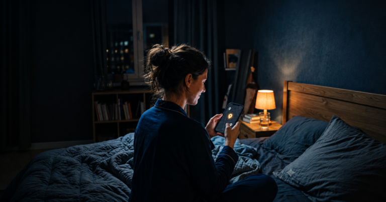 Karanlık yatak odasında yatakta oturan pijama giymiş kadın telefonuna bakıyor