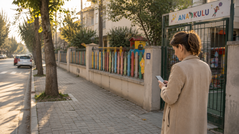 Bir kadın anaokulu önünde telefonuna bakıyor