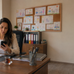 Bir kadın masasında oturmuş telefonuna bakıyor ve not alıyor