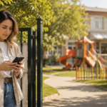 Bir kadın okul bahçesi kapısında telefonuna bakıyor