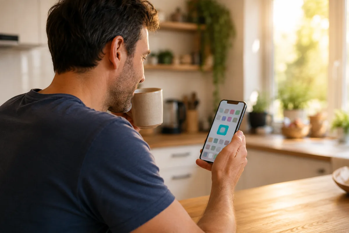 Gün içinde telefonuna bakan veli — ana ekranda okulun logolu uygulaması